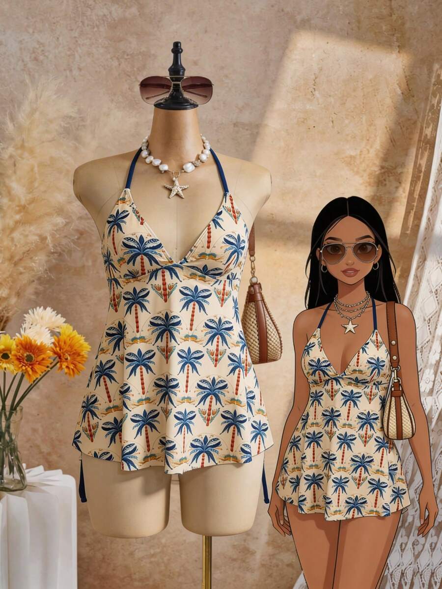 Vestido de traje de baño con estampado de palmeras para mujer - Multicolor - Ver 1