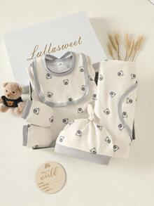 SHEIN Bộ 5 món in hình gấu hoạt hình cho bé gồm yếm, mũ, găng tay và chăn quấn, thiết kế dễ thương cho các bữa tiệc và mặc hàng ngày, phù hợp cho trẻ sơ sinh từ 0-1 tuổi, sản phẩm mới mùa xuân/hè. - Màu be - Xem 3