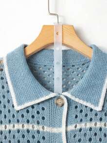 GlowEve Women's Summer Vacation Hollow-Out Knit Button-Front Short Sleeve Cardigan - Baby Blue - View 4