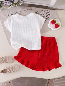 SHEIN Elladie kids 2件組少女夏季無袖套裝，家庭配色花卉拼接款，柔軟舒適居家戶外穿著，桃紅色上衣+短褲，寬鬆休閒卡通套裝 - 紅色 - 查看 3