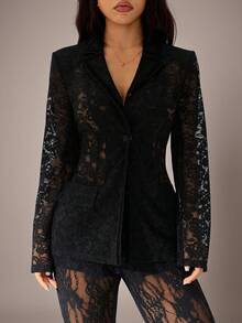 SHEIN PETITE 秋季女装、通勤时尚、秋季女装、秋季必备单品、女士翻领、长袖蕾丝透视修身款、优雅黑色西装外套、女士蕾丝夹克、女士黑色西装外套 - 黑色 - 查看 4