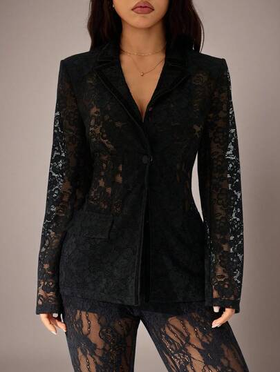 SHEIN PETITE Fall Women's Clothing, Commuter Fashion, Fall Women's Clothing, Fall Essentials, Women's Lapel, Long-Sleeved Lace See-Through Slim Fit, Elegant Black Blazer, Women's Lace Jacket, Women's Black Blazer