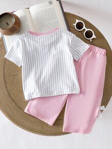 2pcs/Set Baby Girl 0-3 Years Old Casual Street Style Black T-Shirt And Pants Set - Pink - View 3