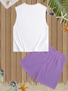 Manfinity RSRT Conjunto casual diario de camiseta de tirantes con cuello redondo y estampado de letras y palmeras, y pantalones cortos para hombre - Morado - Ver 3