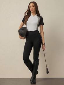 SHEIN With My Calm Women's Spring/Summer Equestrian Pants, Black Skinny 3/4 Length With Waistband, Double Layer Pockets, Suitable For Daily Casual, Running, Yoga, Gym, Tennis, Golf, Horse Riding Black Pants - Black - View 6