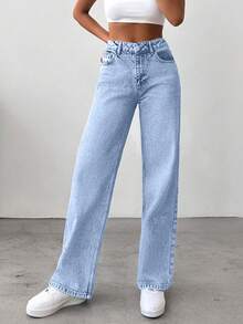 EURMUSE 女士复古水洗直筒牛仔裤 - 霧霾藍 - 查看 5