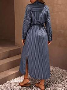 EURMUSE Casual Style Effortless, Linen Look Button Through And Drawstring Belt Detailed Maxi Shirt Dress - Navy Blue - View 2