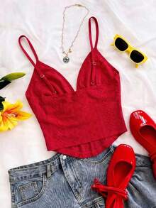 Trelyra Áo hai dây dệt kim không tay cổ chữ V màu đỏ gợi cảm, phối chéo lưng, thích hợp cho hẹn hò, phong cách Boho, Bohemian, đi nghỉ mát, mùa thu, trang phục nữ, retro, trang phục lễ hội, áo hai dây. - Đỏ - Xem 2