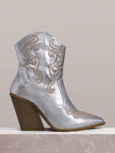 Styleloop Giày bốt nữ cao đến giữa bắp chân, bốt kiểu miền Tây, gót chunky vân gỗ, phong cách bohemian cho kỳ nghỉ, lễ hội âm nhạc, trang phục dự tiệc, phong cách retro Mỹ.