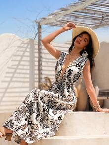 Swim Vcay Deep V-Neck Printed Sleeveless Waist Cinched Dress, Suitable For Beach Vacation In Spring/Summer - Black and White - View 4