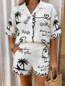 Vaclyn 女士字母印花单排扣上衣和短裤休闲日常套装 - 杏色 - 查看 4