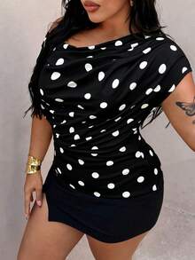 Rustia 大码波点圆领无袖T恤，春夏款 - 黑與白 - 查看 3