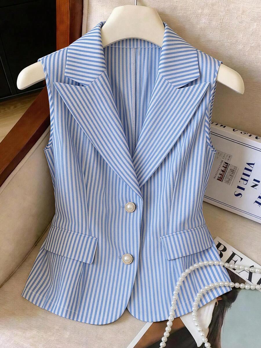 GlowEve CURVE Elegante y estilizada chaleco de estilo de viaje a rayas - Azul - Ver 1