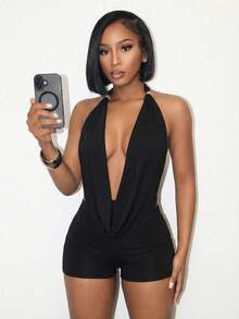 BamGleam 女士纯色深V领露背吊带上衣和紧身迷你裙性感两件套 - 黑色 - 查看 1