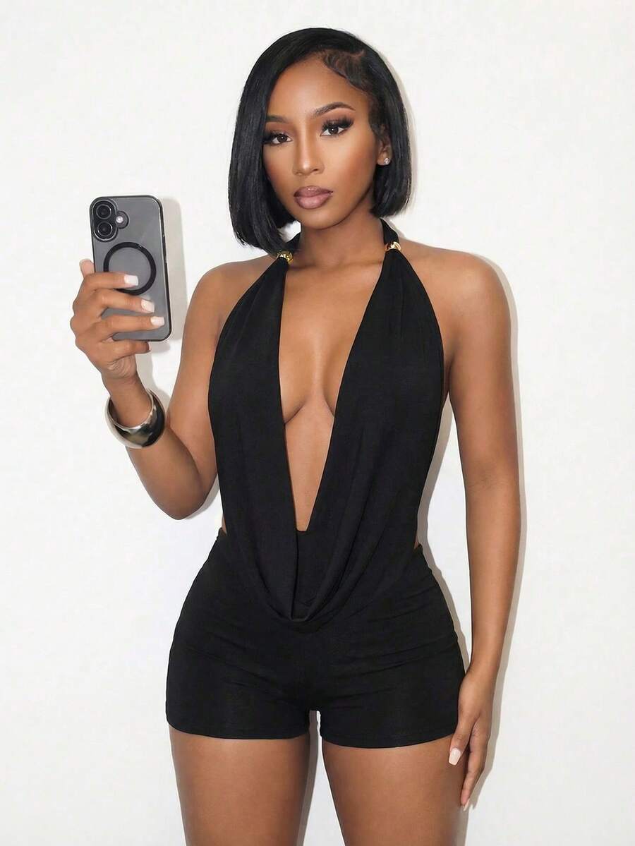 BamGleam 女士纯色深V领露背吊带上衣和紧身迷你裙性感两件套 - 黑色 - 查看 1