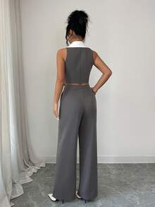 SHEIN Elenzya Elegant Sleeveless Vest & Pleated Pocket Suit Pants Two Pieces Set For Women, Summer - Grey - View 2