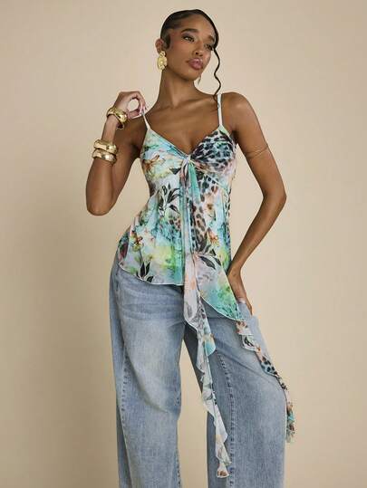 SHEIN BAE 薄荷绿豹纹印花无袖背心，适合夏季音乐节、乡村音乐会、海滩度假等场合，可爱印花系带吊带衫。