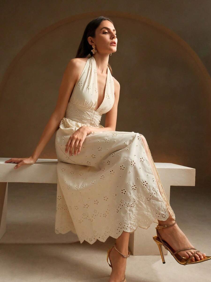 Vacation Waist Strap Spaghetti Strap Women Dress - Apricot - View 1