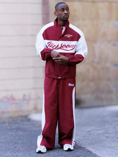 BelSigned BelSigned 男士字母印花撞色长袖外套和裤子休闲套装 男士两件套 男士运动套装 男士慢跑套装 男士街头服饰套装 运动服