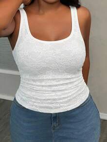 Slaydiva 休闲基础款交叉露背无袖深V领侧褶皱优雅蕾丝白色大码女式背心，夏季，音乐节 - 白色 - 查看 2