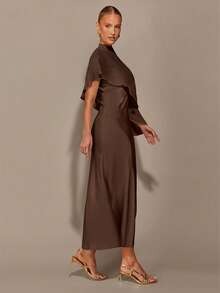 COSMINA 女士两件套，露脐上衣和连衣裙，时尚套装，优雅浪漫套装，情人节礼服，派对，聚会，约会，婚礼宾客礼服，浅黄色连衣裙套装 - 棕色 - 查看 5