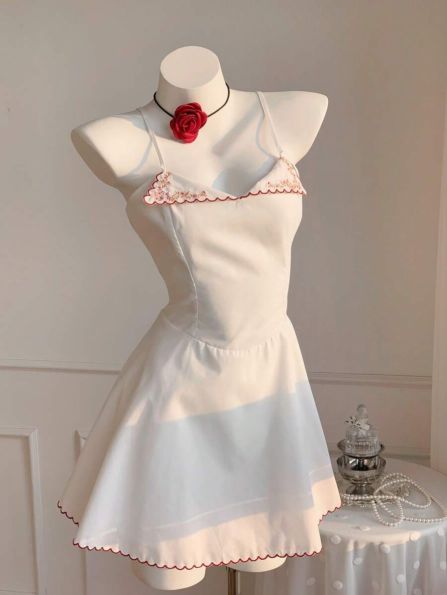 Comfortcana Đầm ngắn nữ mùa Xuân/Hè mới, 100% cotton, cổ yếm, thêu hoa sóng, thích hợp cho mùa Đông, Lễ Phục Sinh, Tiệc tùng, Đi biển, Đám cưới, Lễ tốt nghiệp, Thanh lịch, Thường ngày, Kỳ nghỉ, Thể thao, Trang trọng, Phong cách Y2K, Công sở, Đính sequin, Tua rua, Bèo nhún, Hoa, Họa tiết đồ họa. - trắng - Xem 1