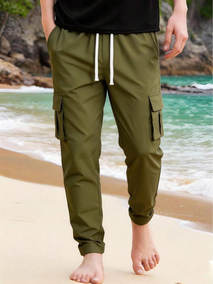 Manfinity Homme Men's Solid Color Casual Pants Men Cargo Pants Army Green - Green - View 1