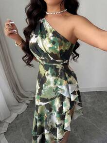 Franclia 女士单肩模糊染色印花连衣裙，不规则下摆荷叶边设计，春夏连衣裙，不规则下摆设计连衣裙，时尚优雅，适合日常穿着、婚礼、宴会、通勤、毕业派对、节日活动、度假等场合。 - 綠色 - 查看 6