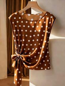 SHEIN PETITE Áo kiểu nữ cổ tròn chấm bi viền nơ, kiểu dáng thường ngày thanh lịch, thích hợp mặc mùa xuân/hè. - màu nâu - Xem 1