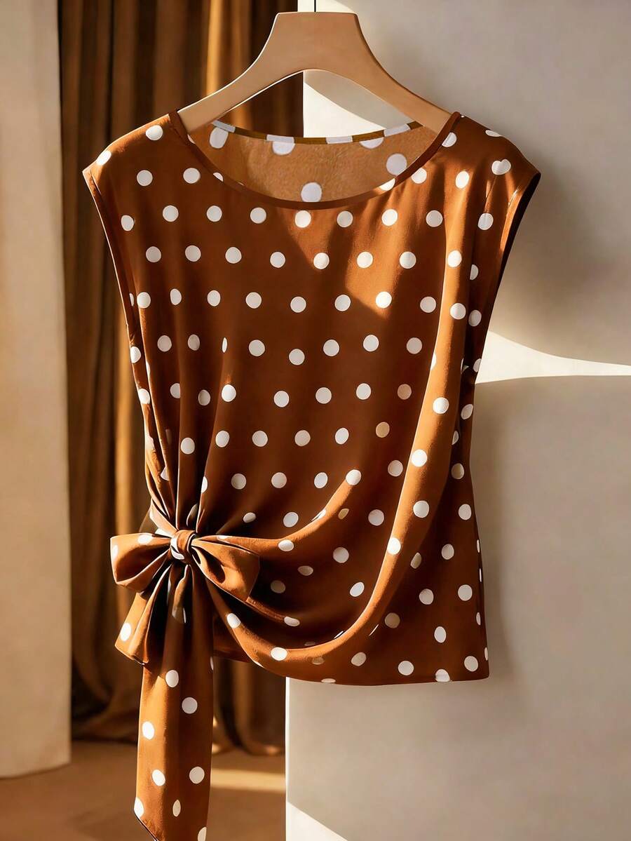 SHEIN PETITE Áo kiểu nữ cổ tròn chấm bi viền nơ, kiểu dáng thường ngày thanh lịch, thích hợp mặc mùa xuân/hè. - màu nâu - Xem 1