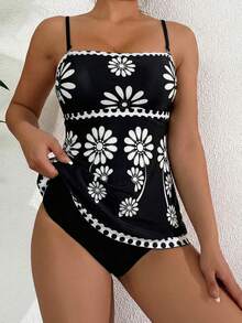 SHEIN Swim 两件套女士高弹绿色印花比基尼套装，包含印花抹胸上衣和纯色三角泳裤，优雅比基尼套装，适合春夏海滩派对，女士泳装，单件泳衣，新款女士泳装，全包覆式泳衣 - 彩色 - 查看 4