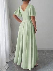 Elenzga Plus Size Women's V-Neck A-Line Chiffon Dress With Ruffle Sleeves, Simple Elegant And Romantic - Green - View 2