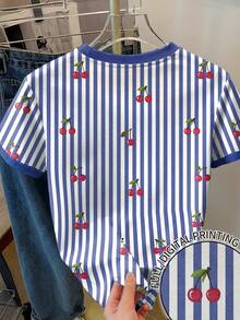 Resyla Camiseta con estampado de rayas de cereza, adecuada para uso al aire libre, cereza, cómoda, primavera/verano Y2K - Multicolor - Ver 2