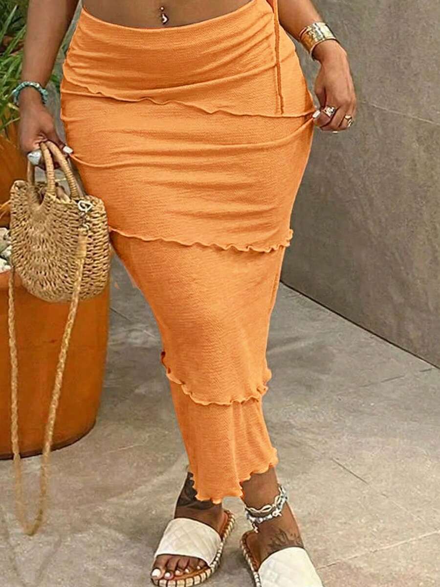 Slaydiva Plus Size Vacation & Elegant Casual Style Solid Color Fitted Multi-Layer Ruffle Textured Fabric Skirt, Summer Bottoms Wrap Around Pants Y2k Midi Fall - Orange - View 1