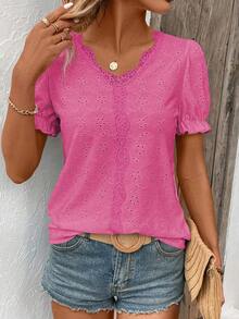 EMERY ROSE Camiseta de vacaciones informal de unicolor con textura y ribete de encaje - Rosa Fucsia - Ver 1
