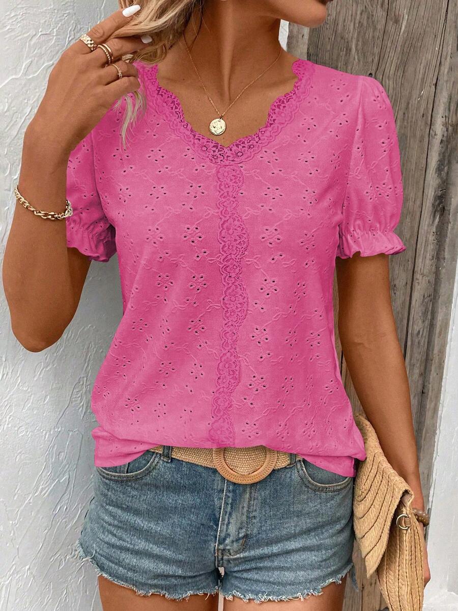 EMERY ROSE Camiseta de vacaciones informal de unicolor con textura y ribete de encaje - Rosa Fucsia - Ver 1