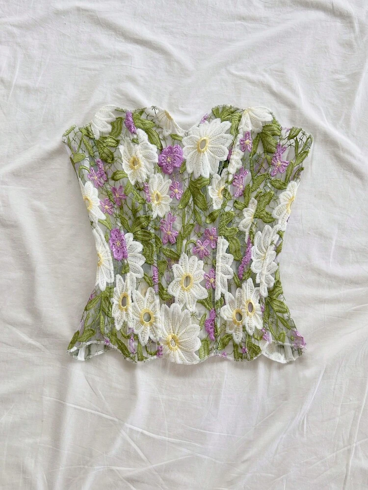 Soleia Top corset ajustado con encaje de doble capa y hombros descubiertos, estilo sexy europeo y americano, top bordado calado, atuendo de discoteca blanco para mujer, para salir, vestido de invitada de boda, otoño/invierno - Multicolor - Añade 5