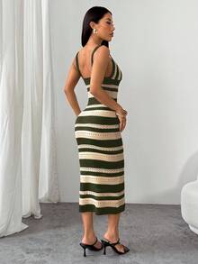 SHEIN PETITE Large Size Spring And Autumn Holiday Crochet Long Sweater Dress - Army Green - View 5