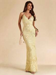 SHEIN BAE 纯黄色提花无袖修身连衣裙，优雅早午餐连衣裙，婚礼宾客礼服，鸡尾酒会礼服，高贵连衣裙，黄色连衣裙，度假沙滩连衣裙 - 綠色 - 查看 4