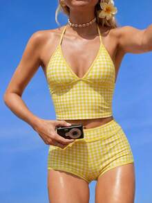 Swim Mod Bộ bikini 2 mảnh in họa tiết kẻ caro ngẫu nhiên dành cho nữ, áo hai dây và quần short, thích hợp cho mùa hè đi biển. - Màu vàng - Xem 1