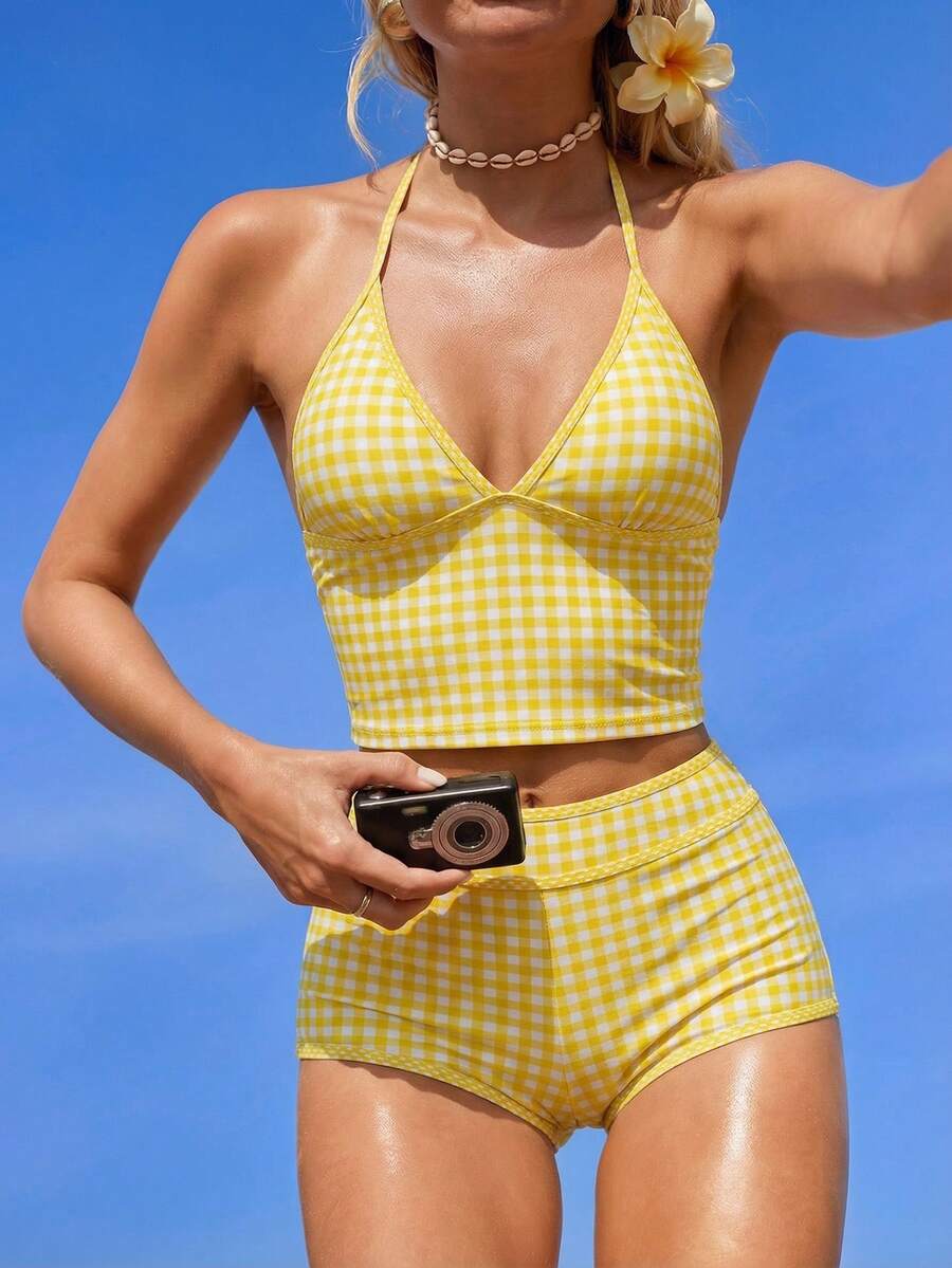 Swim Mod Bộ bikini 2 mảnh in họa tiết kẻ caro ngẫu nhiên dành cho nữ, áo hai dây và quần short, thích hợp cho mùa hè đi biển. - Màu vàng - Xem 1