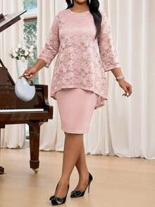 SHEIN Lady Bộ đồ 2 món thanh lịch dành cho nữ cỡ lớn, gồm áo và váy ren hoa dáng bất đối xứng tay lửng 3/4. - Bụi hồng - Xem 4