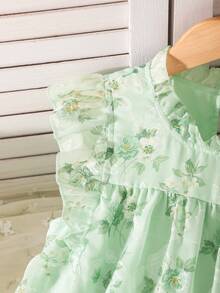SHEIN Tween Girl Sleeveless Light Green Ditsy Floral Chiffon Dress,Summer Casual Party Princess Style Flutter Sleeve Multi-Layer Skirt Pearl Collar Wear - Green - View 6