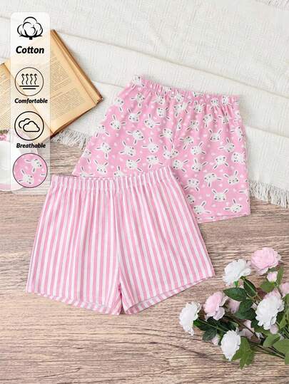 SHEIN Women Cotton 2 Pcs Fake Drawstring Rabbit & Stripe Pattern Sleep Shorts Homewear Comfort Cute Casual Multipack Set