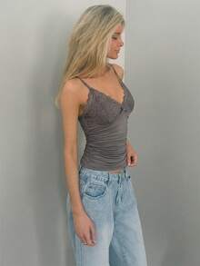 Sydney Algeri Camisola Ajustada De Pliegues Con Encaje Y Un Solo Color - Gris Oscuro - Ver 3