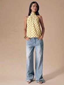 SHEIN BAE Áo croptop hở lưng cổ yếm chấm bi đen trắng gợi cảm, thích hợp cho các lễ hội âm nhạc, kỳ nghỉ. - Màu vàng - Xem 3