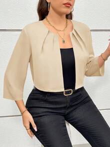 SHEIN Essnce 大码女装秋季镂空服装感恩节女装商务休闲女装秋季女装秋冬新款时尚优雅通勤办公室工作纯色红色七分袖短款西装外套 - 杏色 - 查看 1