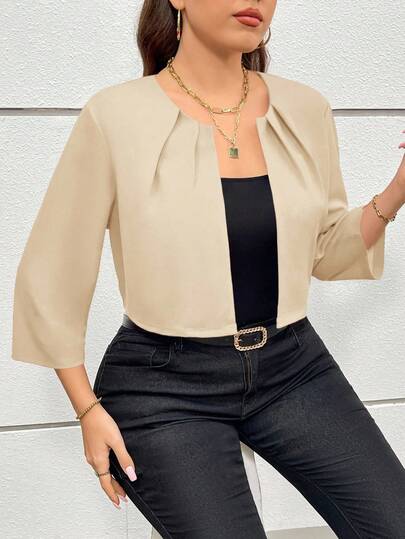 SHEIN Essnce Trang phục khoét lỗ mùa thu cỡ lớn dành cho nữ, trang phục công sở thường ngày dành cho phụ nữ, trang phục mùa thu dành cho phụ nữ và mùa đông, phong cách mới, thời trang và thanh lịch, đi làm, công sở, màu trơn, áo khoác blazer ngắn tay 7/4 màu đỏ