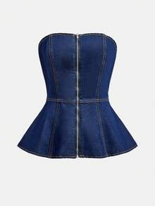 Maija Women's Casual Versatile Zipper Cropped Denim Top, Suitable For Dates And Outings - Dark Wash - View 1