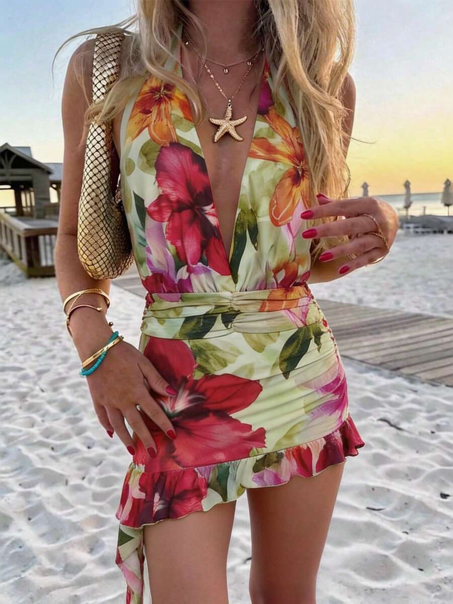 Aloruh Young Sexy Lady Music Festival Deep V-Neck Halter Backless Printed Mesh Mini Dress,Summer Dresses For Women - Multicolor - View 1